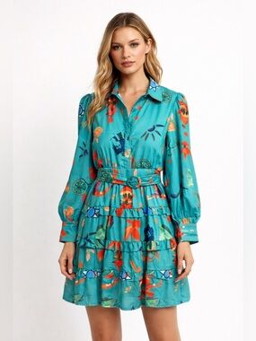 Beulah Floral Layered puff Long Sleeve Dress Size Small